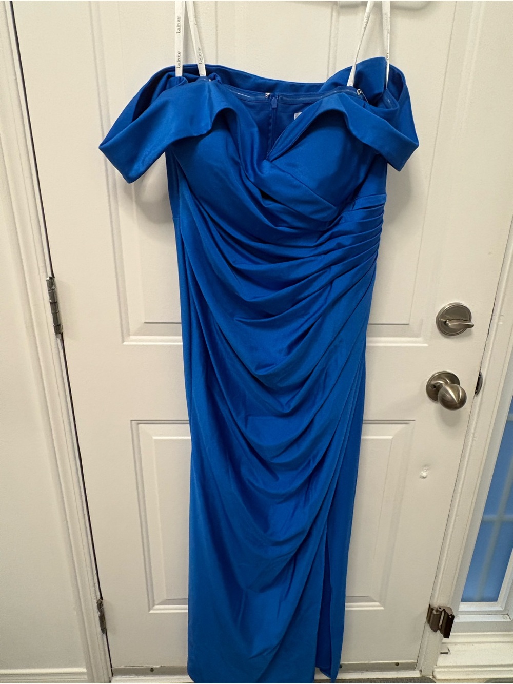 Elegant Blue Draped Off-Shoulder Evening Dress